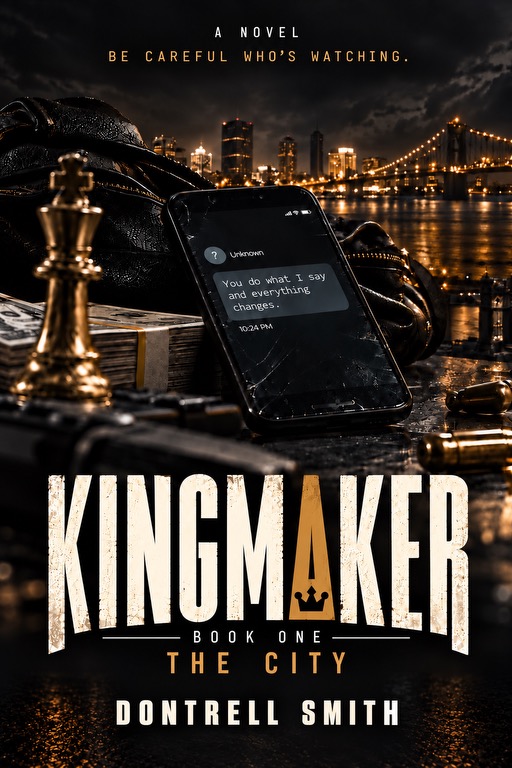 Kingmaker Book One: The City cover, showing a cracked phone with a text from Unknown, a gold chess king, cash and a city skyline at night